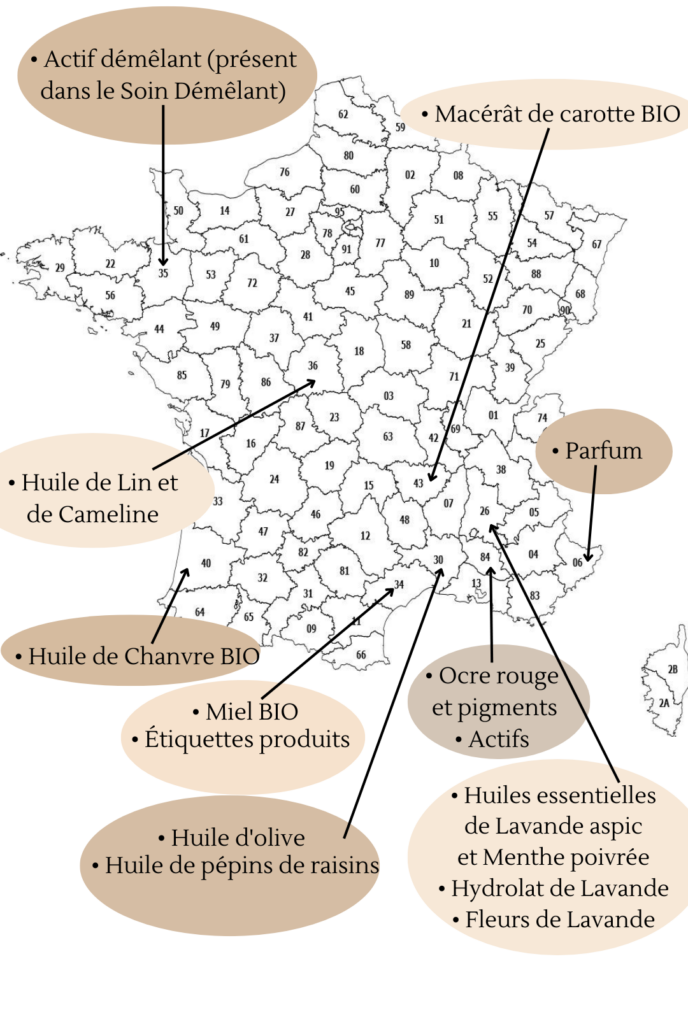 Carte de France avec les matières premières utilisées dans les produits